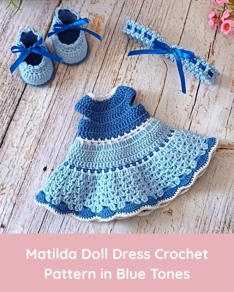 My Patterns matilda doll dress crochet pattern in blue tones