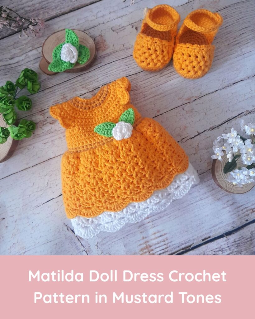 My Patterns matilda doll dress crochet pattern in mustard tones