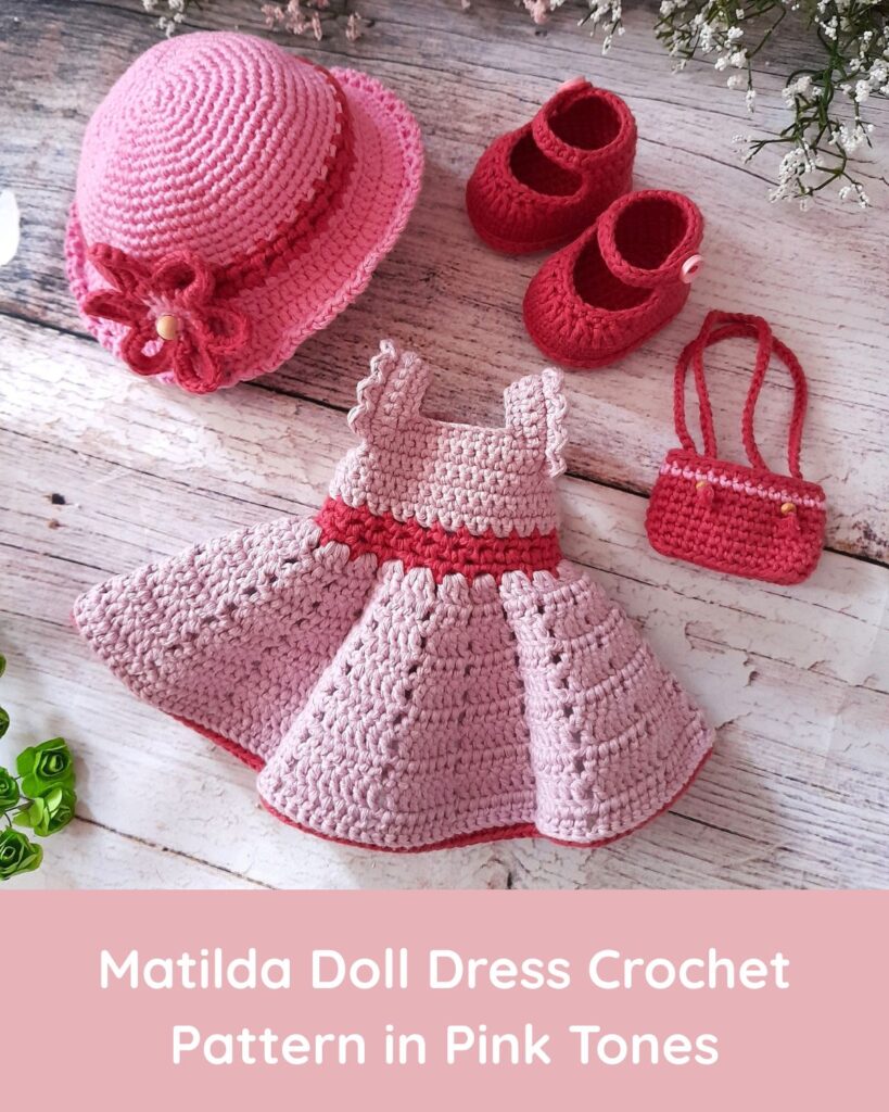 My Patterns matilda doll dress crochet pattern in pink tones