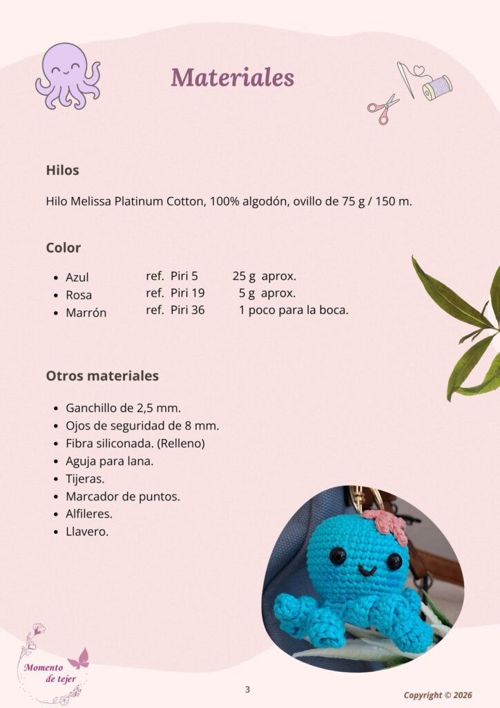 Pulpo Bebé – Patrón Gratuito de Crochet para Llavero Materiales necesarios para tejer el llavero Pulpo Bebé de crochet